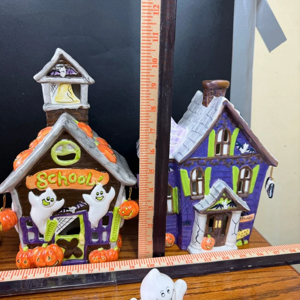 Vintage Halloween Village Set Ceramic JCPenney Haunted House, School 7pc 2003